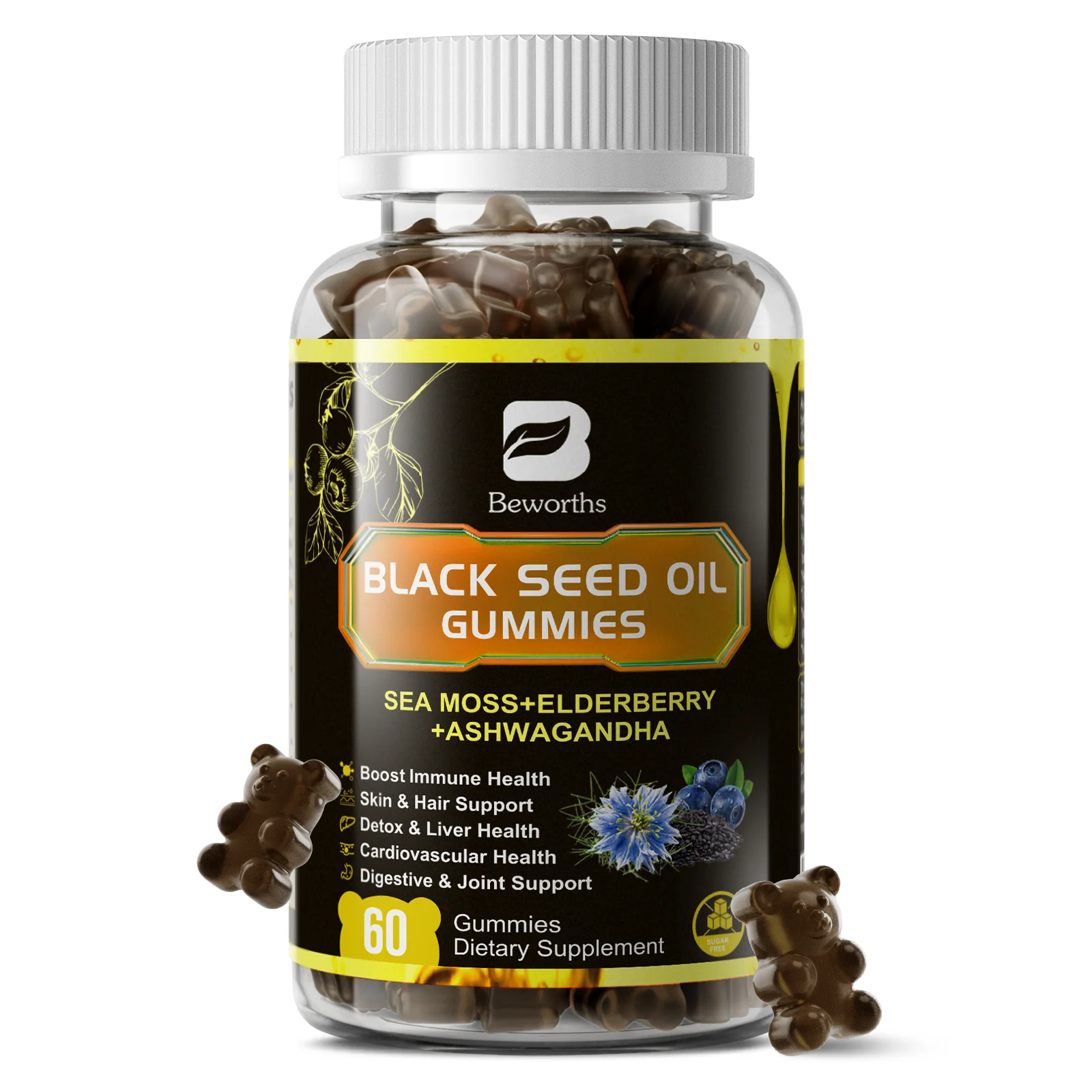 

BEWORTHS 12 in 1Black Seed Oil Gummies with Ashwagandha Support Focus, Memory and Sleep Health Immunity and Liver Health