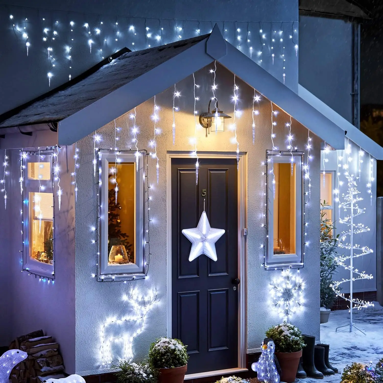 Decorazioni natalizie Liquidazioni 2025 Luci a LED Luci per tende a festone per esterni Capodanno 2025 IP44 Impermeabile collegabile 24V