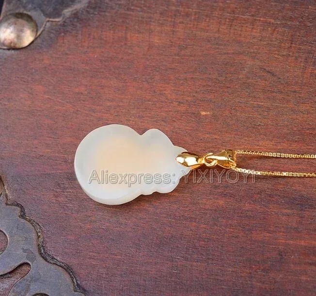 Natural White Hetian Jade + 18K Solid Gold Inlaid Carved Money Bag Lucky Pendant + Free Necklace Fine Jewelry + Certificate