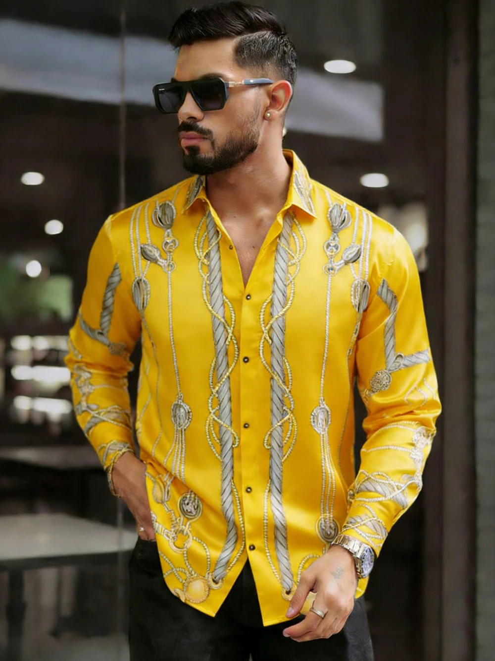 

2026 Men's Retro Long Sleeve Shirt Chain Palace Pattern High Definition 3D Printed Shirt Hawaiian Vacation Social Men's Clothing