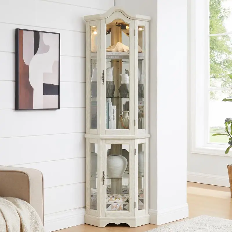 

Lighted Corner Curio Cabinet with Tempered Glass Doors and Shelves, Decorative Storage for Living Room and Bedroom, Includes