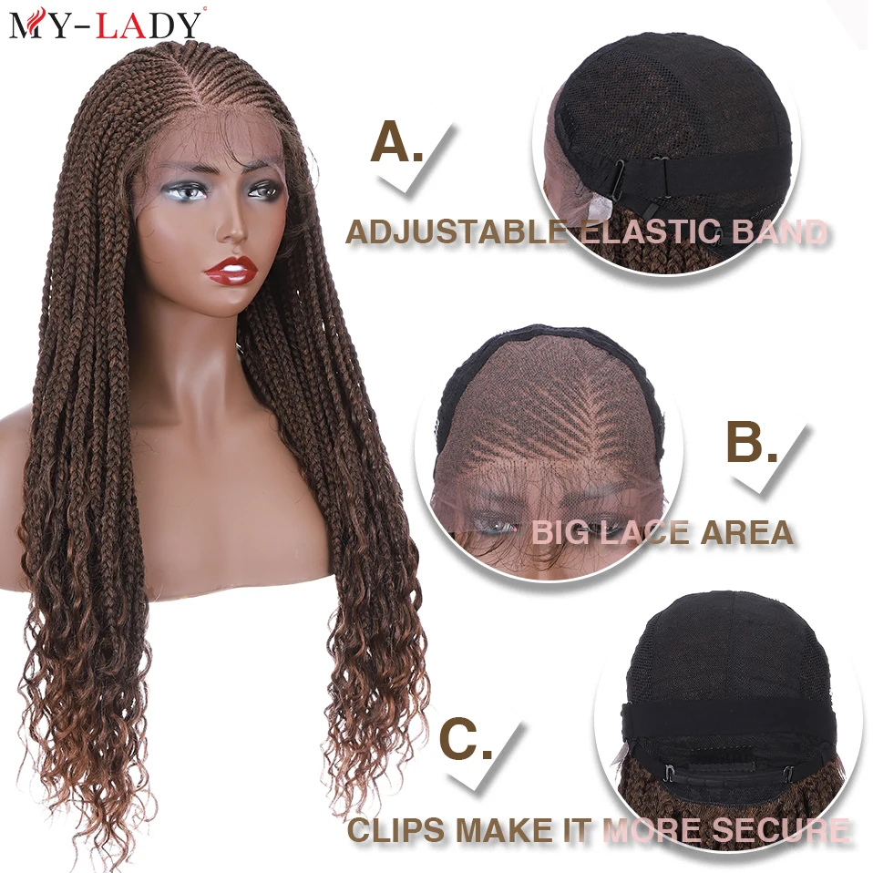 My-Lady Synthetic Box Braided Lace Front Wig 28inch Cornrow Braids Lace Wigs Curly Ends Baby Hair Frontal Afro Brazilian Wigs