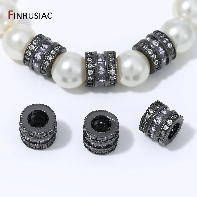 Black Color Brass Barrel Shape Big Hole Beads Micro Pave Zircon Tube Spacer Beads For DIY Jewelry Making Accessories