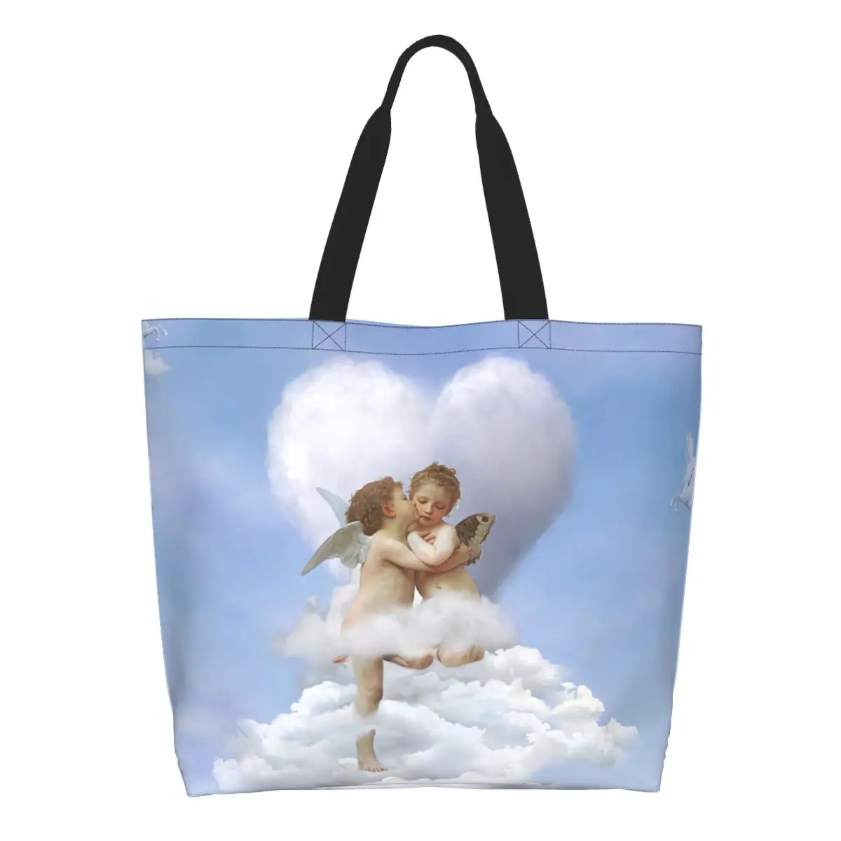 Reusable Clouds Angels Kiss Shopping Bag Women Shoulder Canvas Tote Bag Portable Renaissance Cherub Groceries Shopper Bags