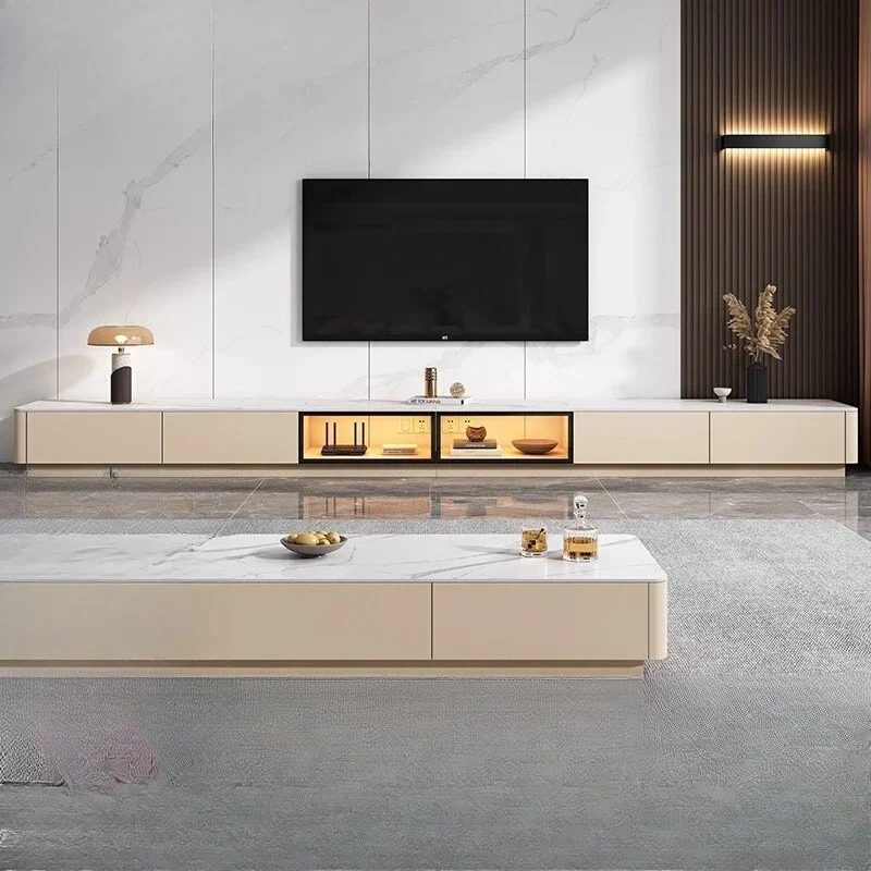

Modern simple rock slab floor TV cabinet, coffee table living room home light luxury high-end glass door floor cabinet