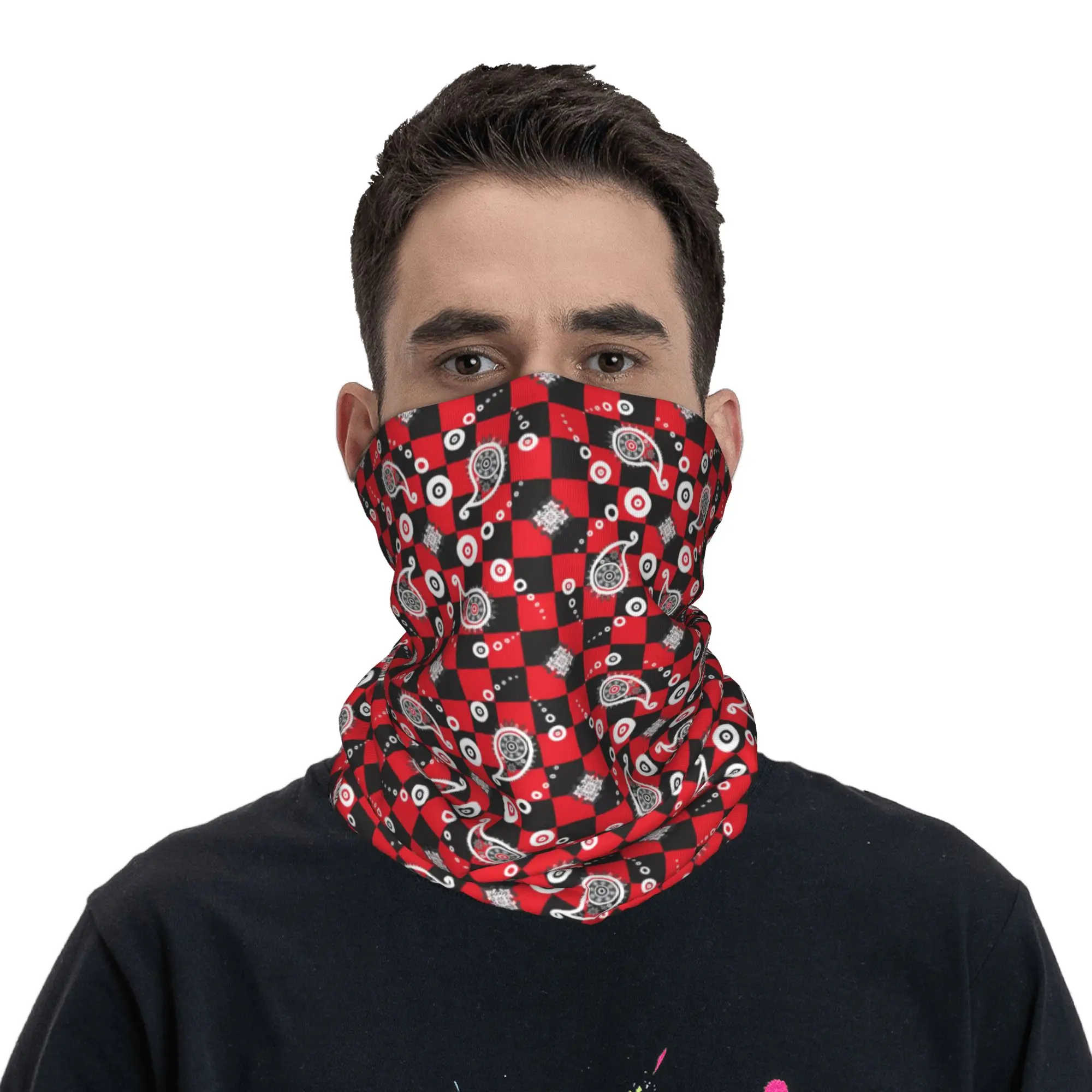 

Black And Red Paisley Bandana Neck Gaiter for Ski Camping Men Women WarmerWrap Scarf Headband