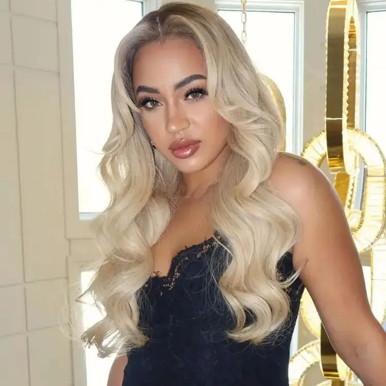 

26”High Quality Wigs European Synthetic Hair Lace Top Wig With Dark Roots Ash Light Blonde Body Wave Long Length Wig for Women