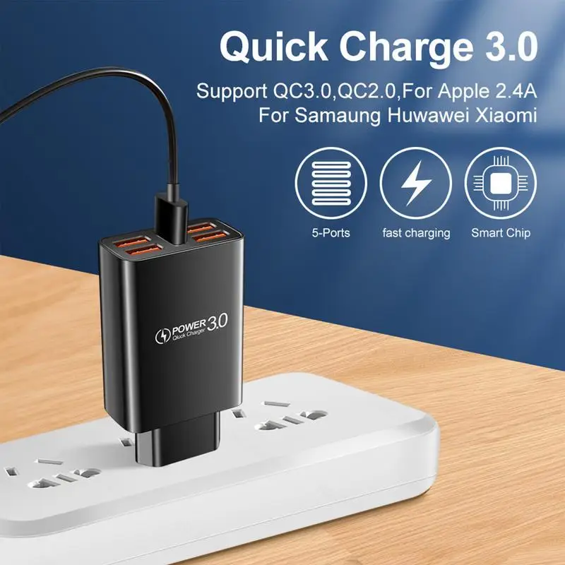 Multiple USB Charger Station 5-Port Charging Block Multiport Station Wall Charger Plug Portable Fast Wall Plug For Electronics