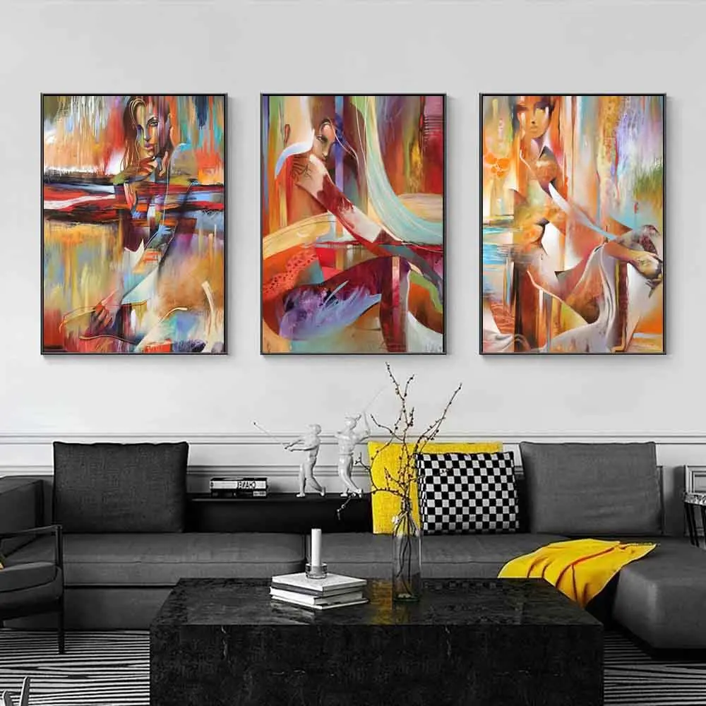 High Quality Hand Painted Nordic Graffiti Abstract Two Woman Oil Painting Fashion Art for Office Bedroom Home Decoration Mural