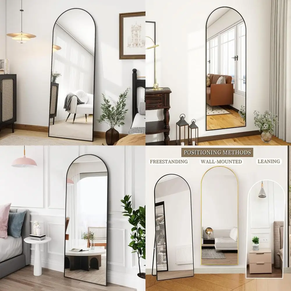 Arched Full Body Mirror, 56x20 Black Floor Standing Mirror, Leaning or Wall Mounted, Hanging Option, Large Mirror for Home Decor