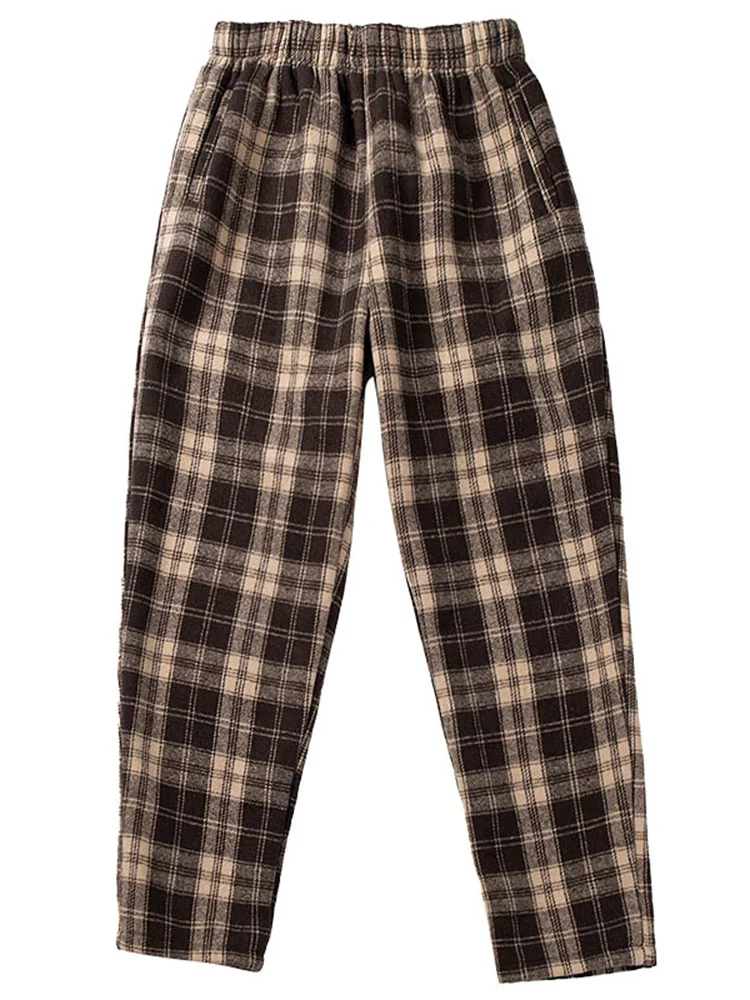 Calça harém de lã feminina casual brued fce xadrez cenoura calças de cintura alta coreano sle commute vento calças compridas