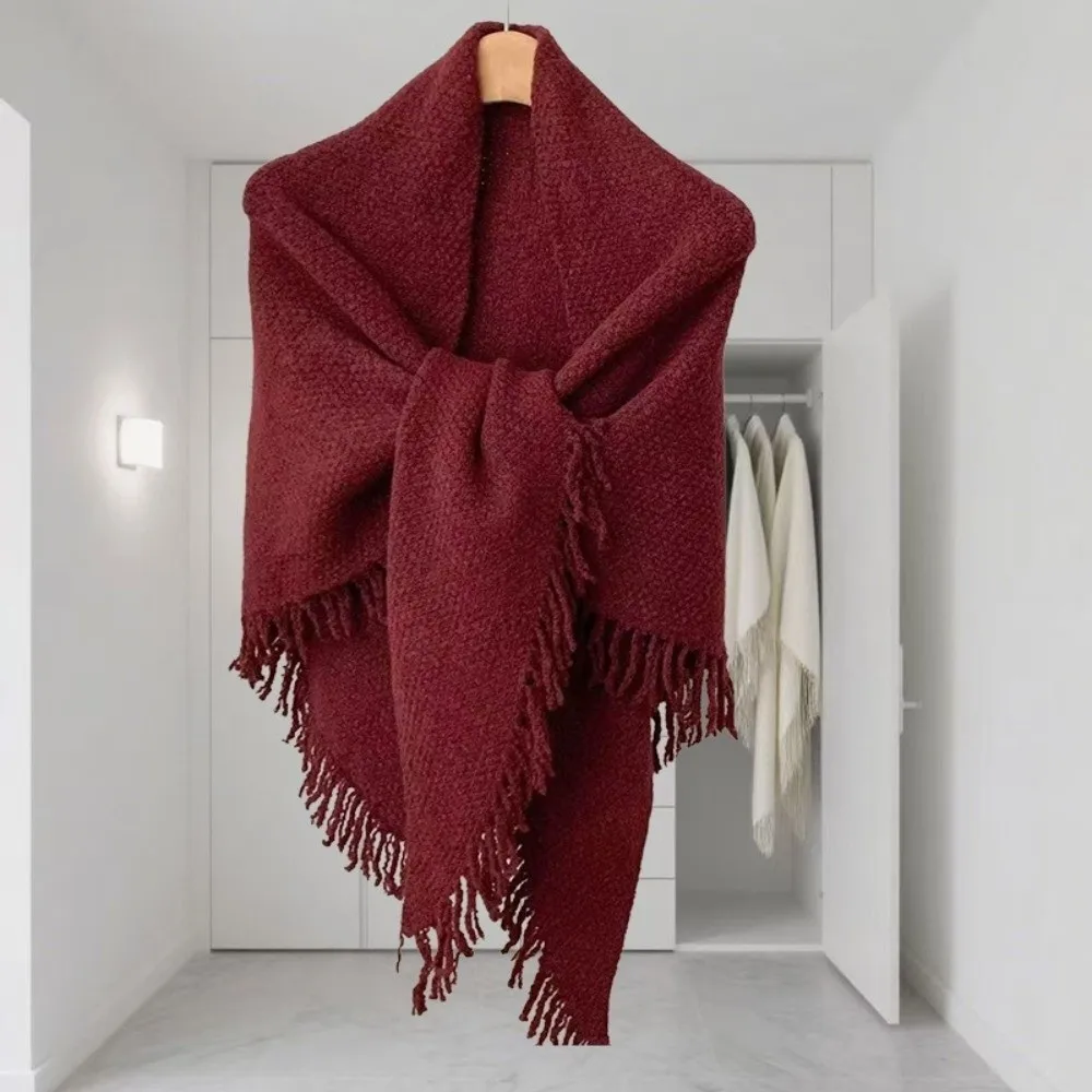 Wird nicht pillen, Wollmischung, dreieckiger Schal mit Fransen, warmer, gestrickter Schal, dekorativer, mehrfarbiger Wickelschal für Damen – Detail 3