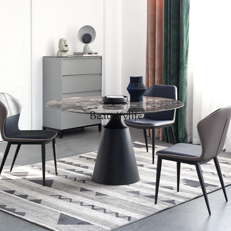 Rock slab dining table Round inlaid turntable Italian bright rock slab dining table