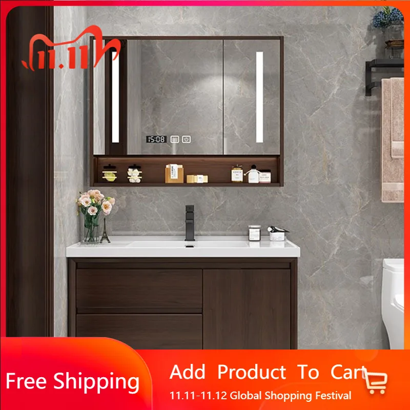 

Wooden Bathroom Cabinets Ceramic Washbasin Retro Mirror Cabinet Solid Bathroom Vanity Cabinet Organizer Postmodern Furniture