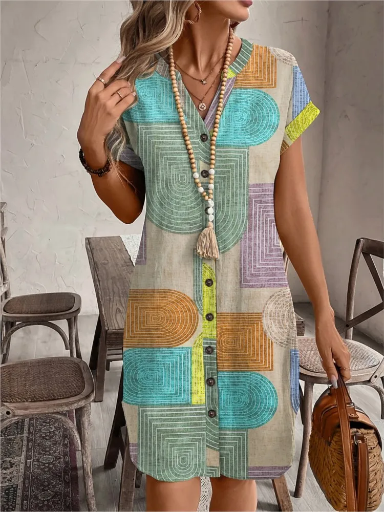 

Summer Dresses For Woman Geometric Print Elegant V-neck Buttons Short-sleeved Dress Color Colorful Random Pattern Casual Trendy