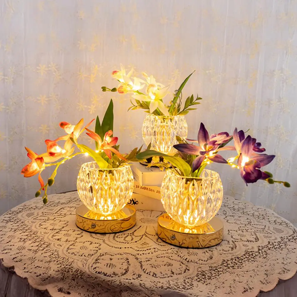 Flower Table Lamp 3 Color Orchid Night Light Rechargeable Touch Dimming Artificial Flower Light LED Flower with Glass Vase Lamp