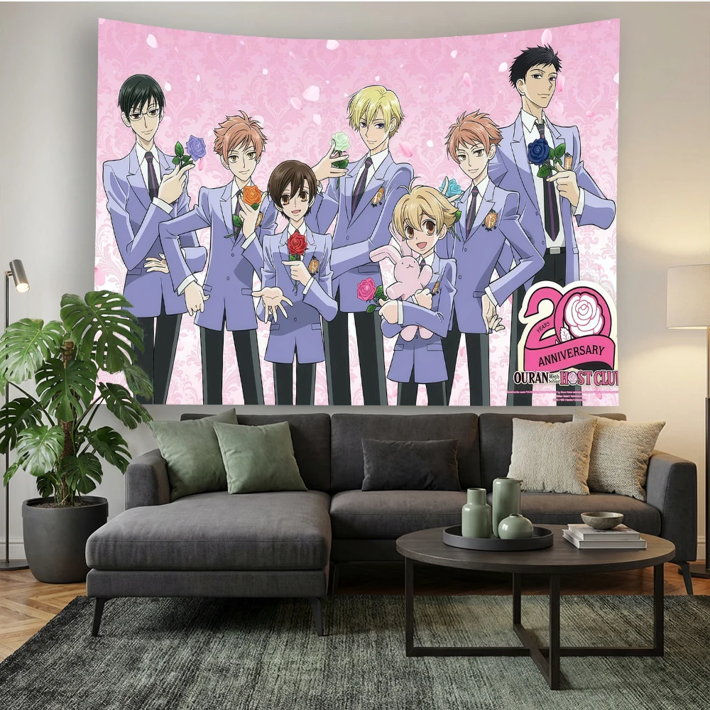 Ouran High School Host Club Anime-Wandteppich, Retro-Design mit rosa Rosen und Sternen, hochwertiger Polyester-Wandbehang für das Wohnzimmer
