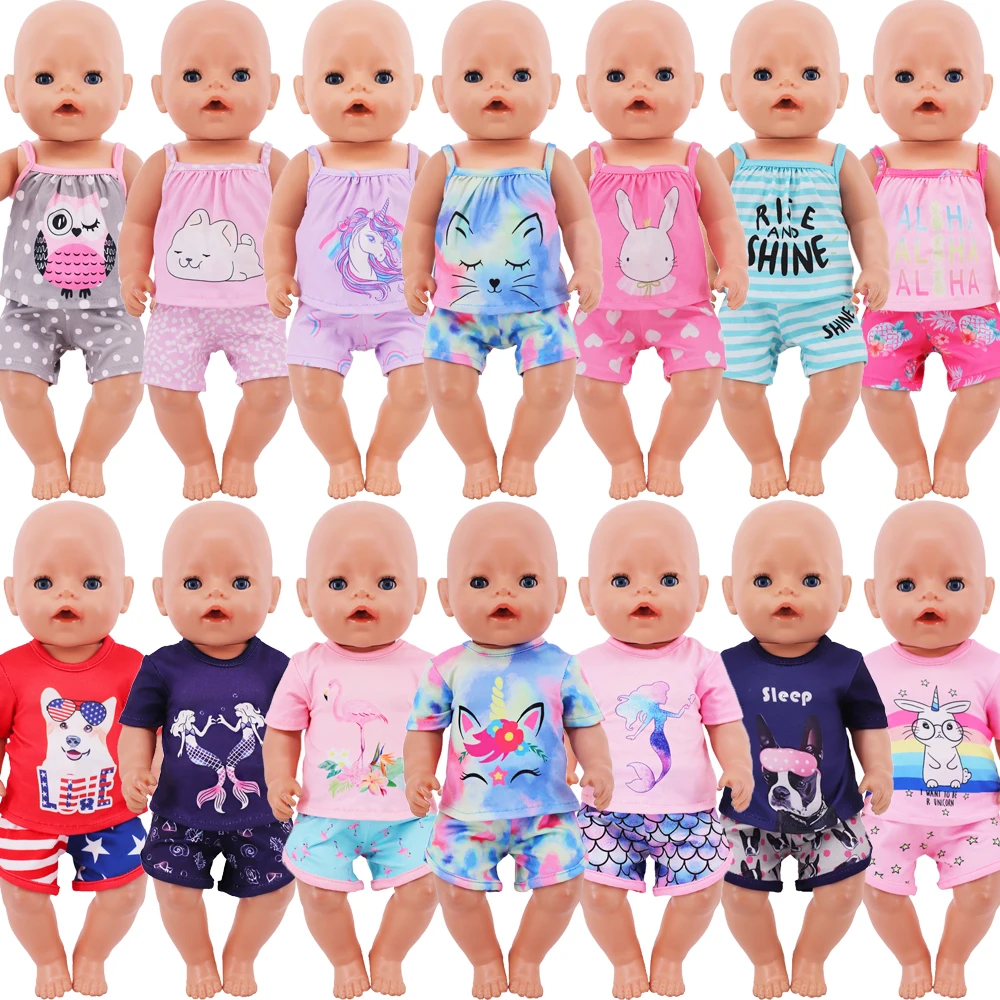 Doll Clothes Cute Unicorn/Animal Print T-shirt+ Shorts 18inch American Doll&43Cm Baby New Born items,Our Generation Accessories