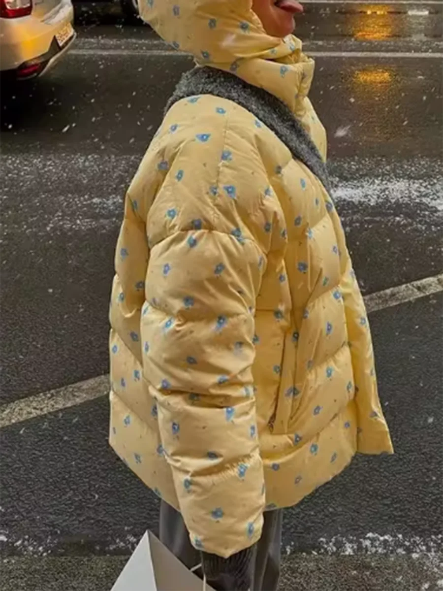 Twotwinstyle impresso floral puff jaqueta para mulheres com capuz manga longa retalhos cordão quente para baixo casaco feminino inverno novo estilo