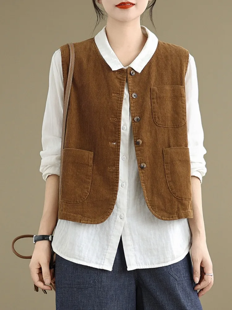 

Вельветовый круглый жилет в стиле ретро, женский повседневный многослойный топ, размер или, маленький, без пуговиц, чистый цвет