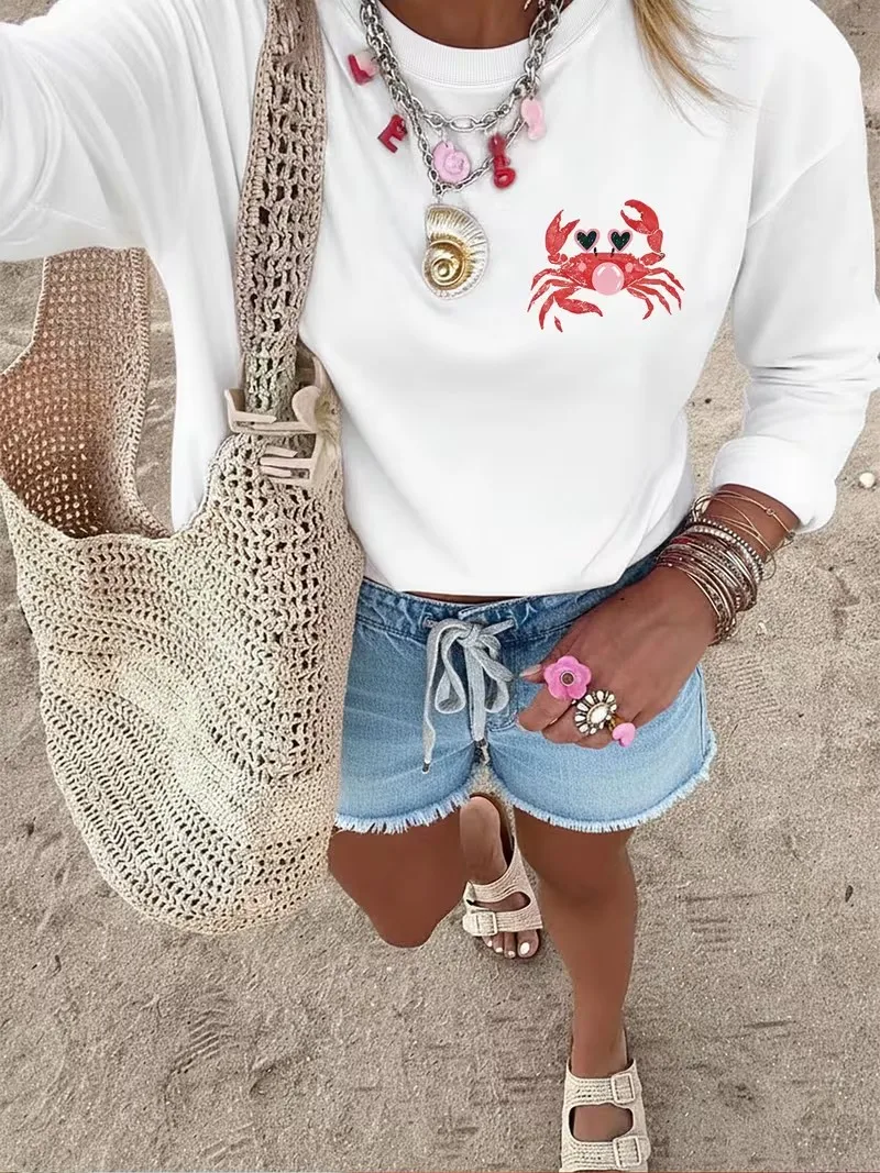90s Y2K Fashion Funny Beach Vacation Long Sleeve T-Shirt 100% Cotton Graphic Casual O-Neck Women'S T Shirt Fall Winter