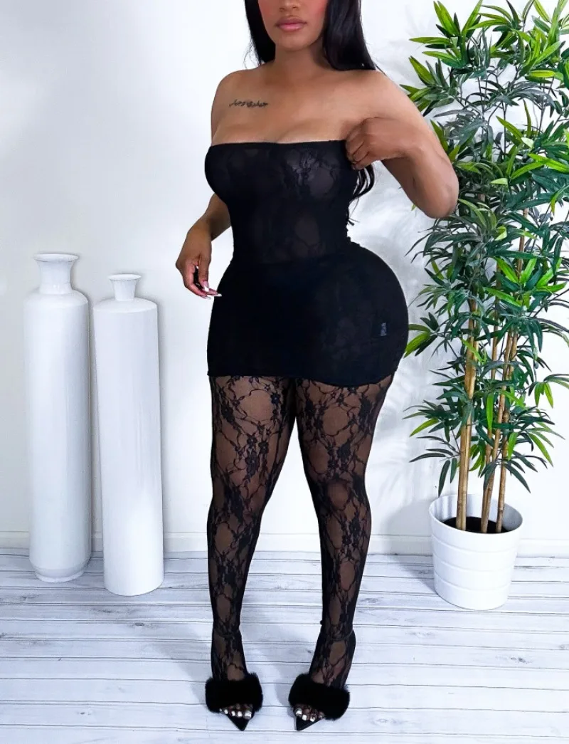

See Through Lace 2 Piece Set Women Sexy Strapless Backless Bodycon Mini Dress + Footed Stockings Leggings Night Clubwear Suits