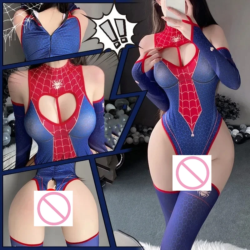 

Sexy Lingerie Bodysuit Cosplay Costume Spider Woman Strapless Open Crotch Jumpsuit Blue Print Leotard Love Heart Hollow Design