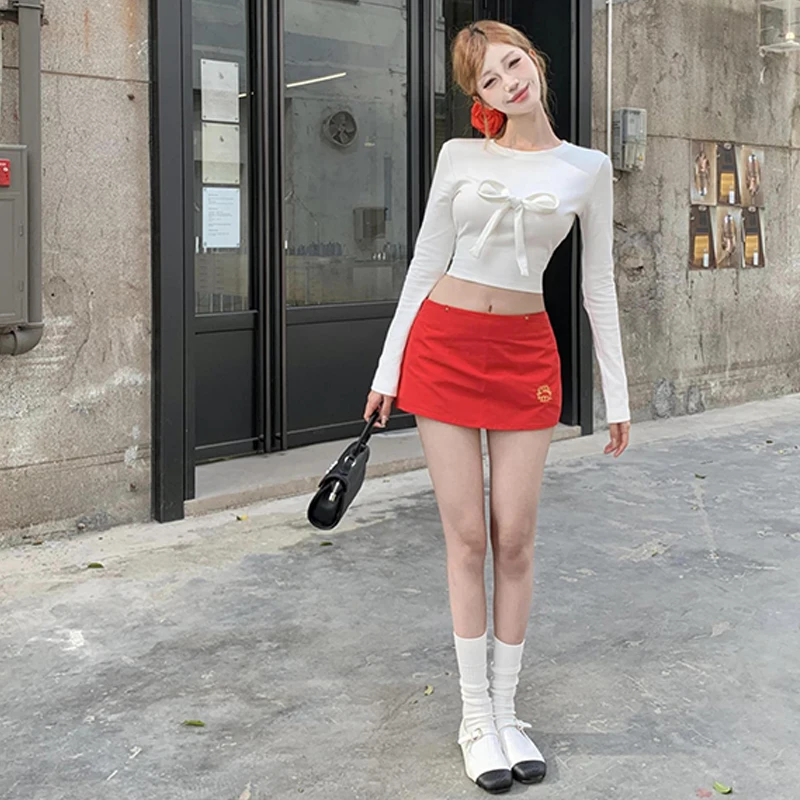 Korean Popular Bow Round Neck Long Sleeve Solid Color Slim T-shirt Women's Crop Top