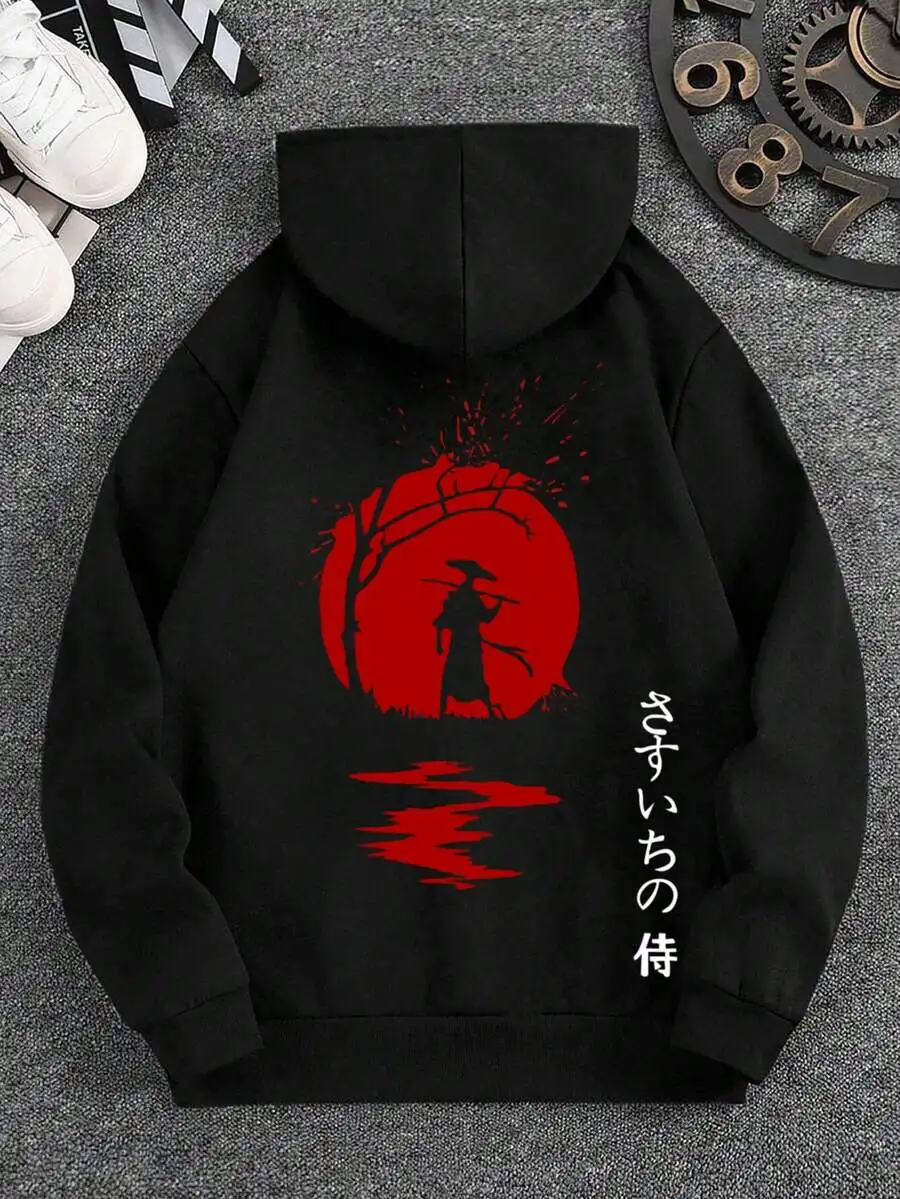 Teen Boy Fashionable Samurai Graphic Casual Pullover Sweatshirt, Suitable For Streetwear, Outdoor, Daily Wear