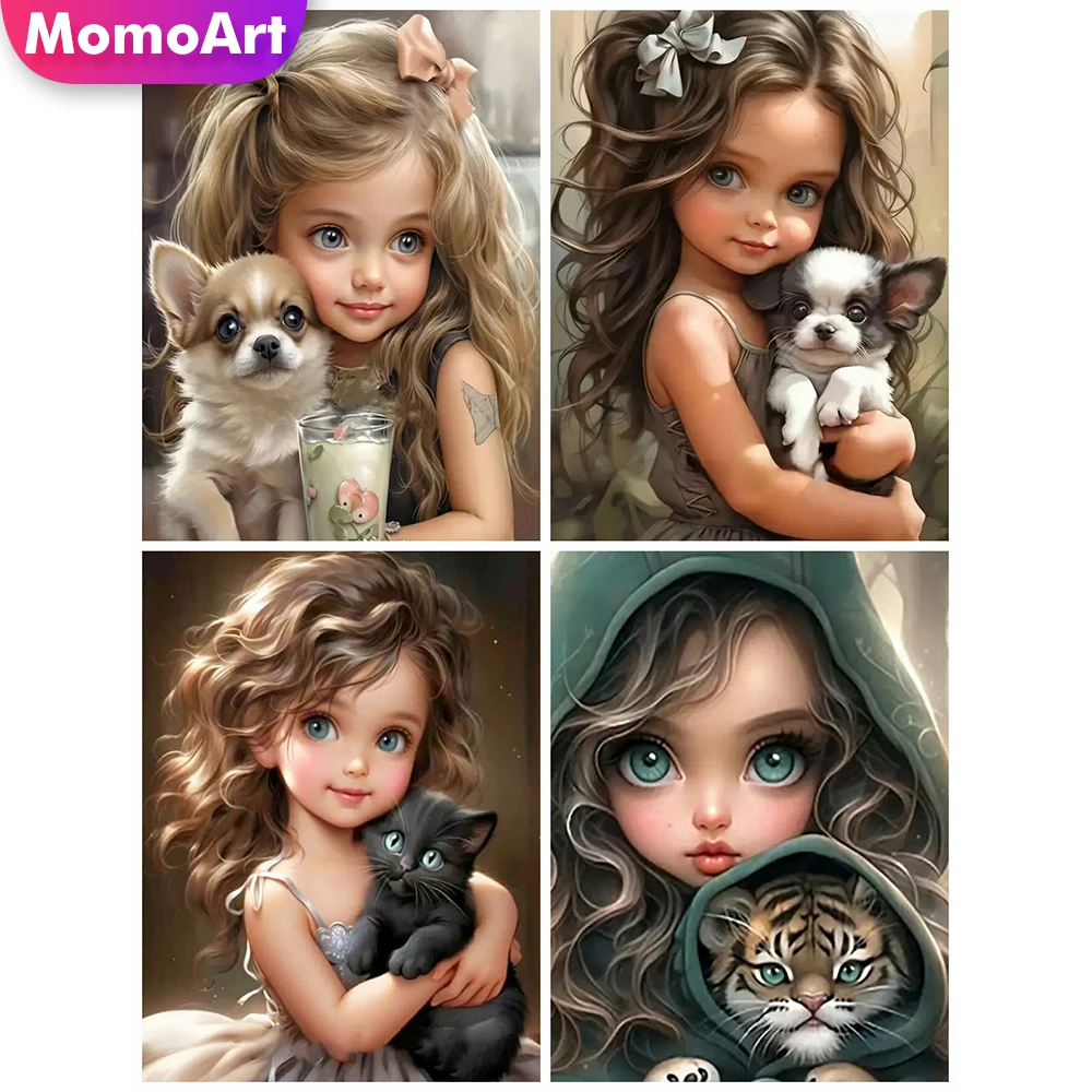 MomoArt New Arrival Diamond Mosaic Girl Picture Rhinestones Dog Cat Painting Cartoon Embroidery Kid Portrait Handmade Gift