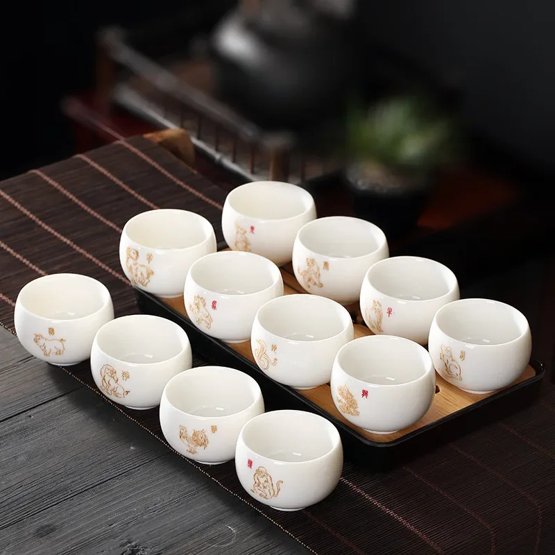 150ml White Animal Pattern Ceramic Round Tea Cup Luxury Festival Business 12 Zodiac Gifts