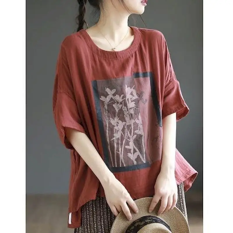 Cotton Linen T Shirt Women Art Vintage Print Loose T-shirt Fashion Casual Short Sleeve Oversized Blouse Summer Trend Thin Tshirt