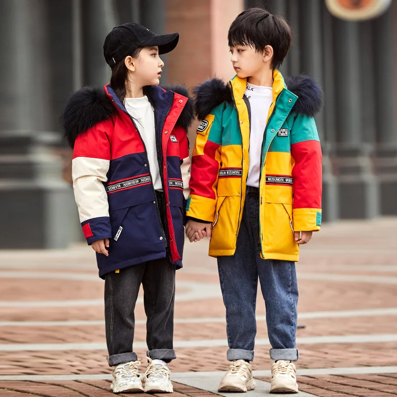 

-30Degrees winter new children' winter clothes Large size windproof thick coat for boys Long warm down coat for girls Fur collar