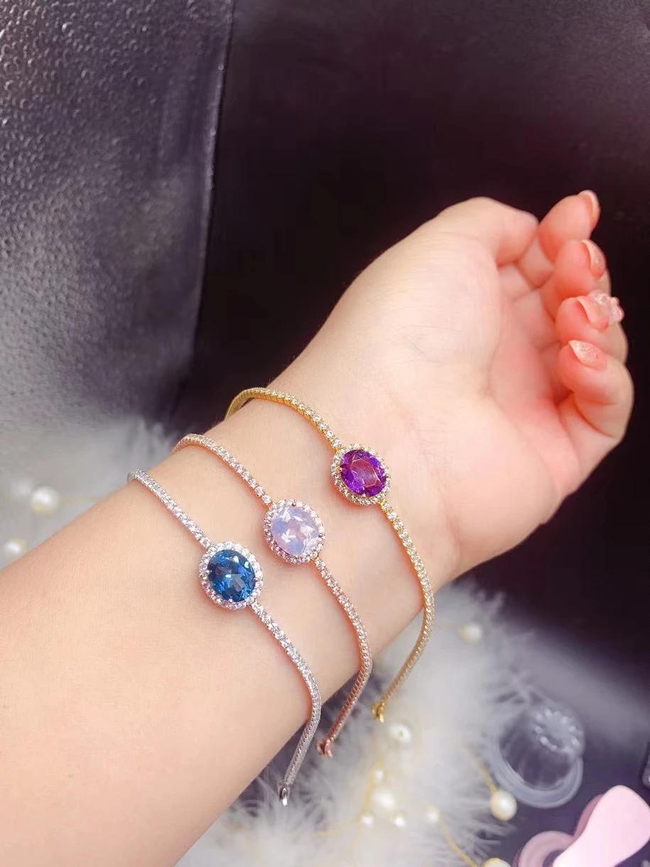 925 Silver Gemstone Bracelet for Daily Wear 8mm*10mm 3 Ct Natural Topaz and Amethyst with 3 Layers 18K Gold Plated Jewelry