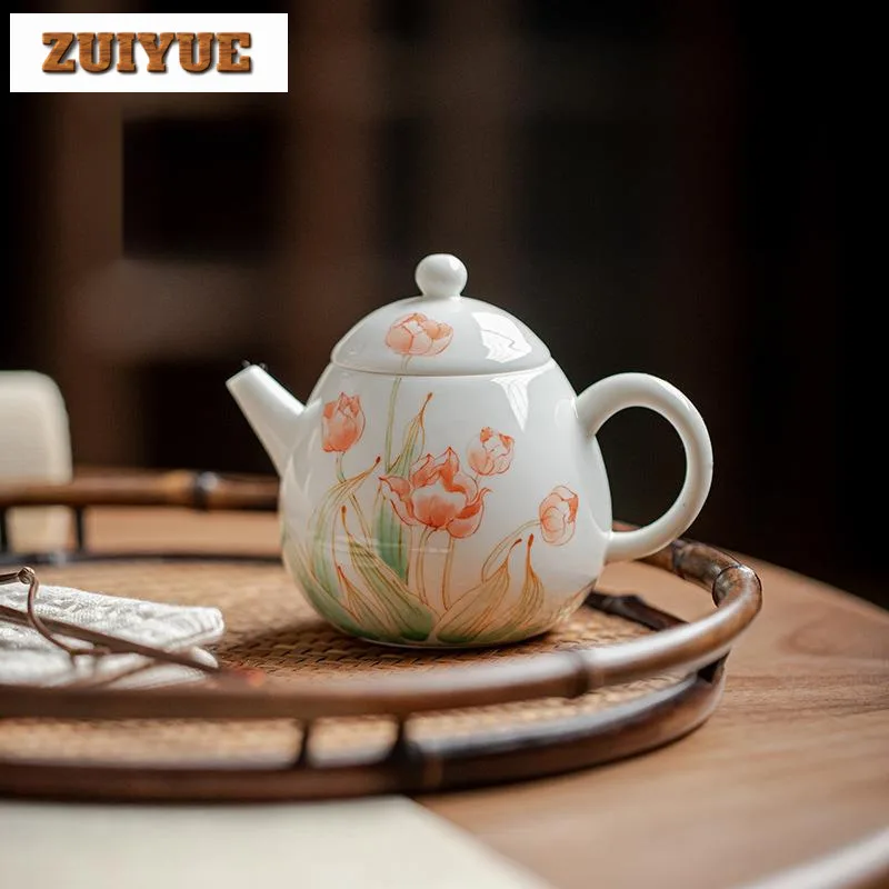 140ml Hand Painted Tulip Pot Household White Porcelain Teapot Traditional Dragon Egg Pot Tea Soaking Kettle Tea Items Collection