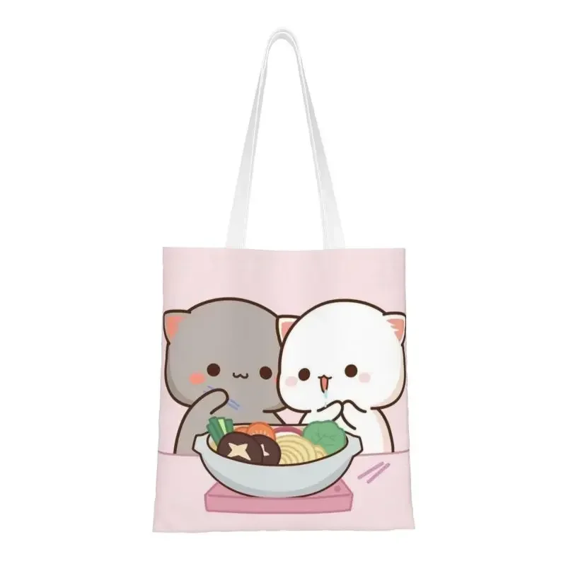 Kawaii Printed Peach And Goma Eating Salad Shopping Tote Bag Portable Canvas Shopper Shoulder Handbag