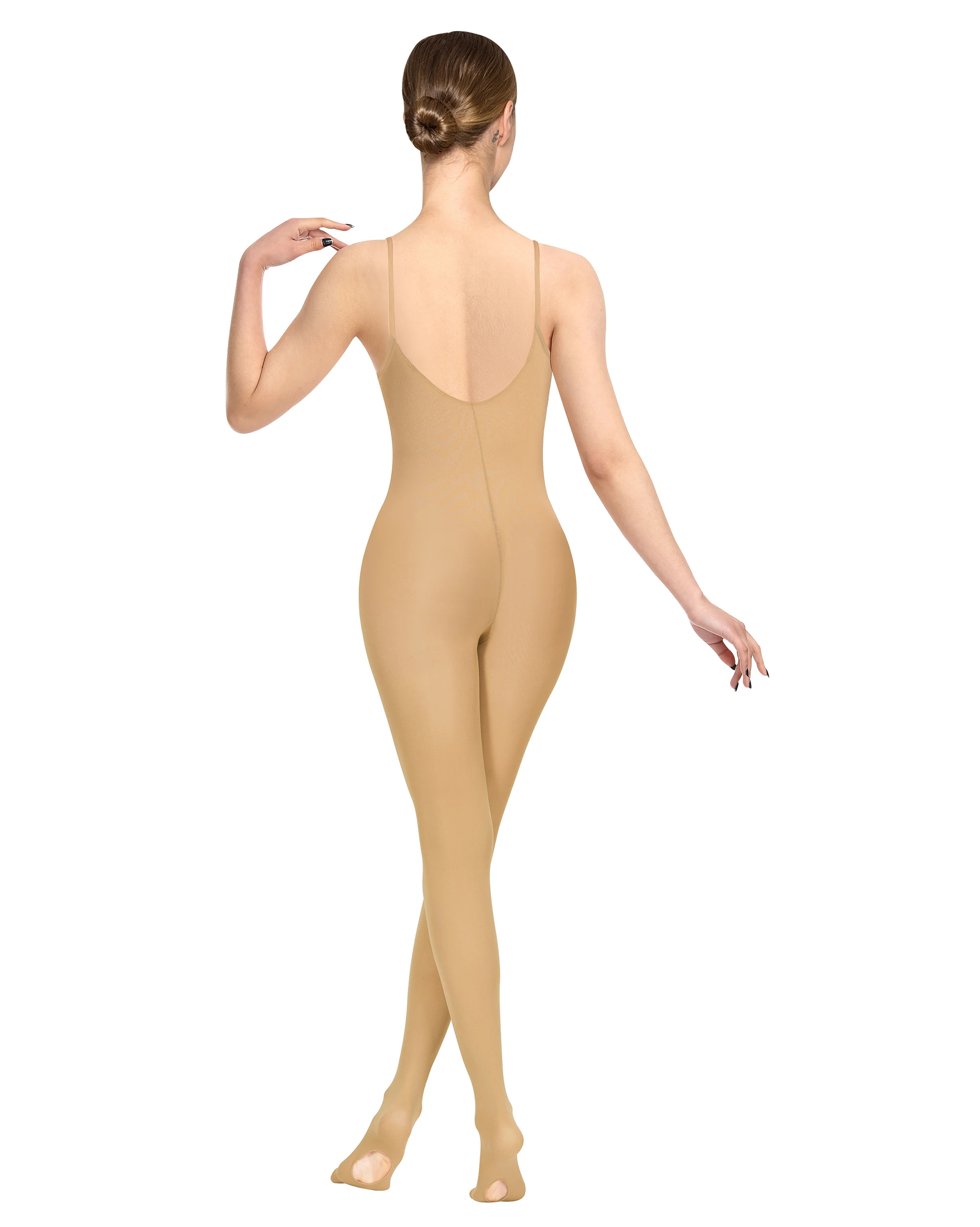 Collant de dança de corpo inteiro nu de balé feminino transparente e alças nude alça de ombro ajustável sola arredondada oca