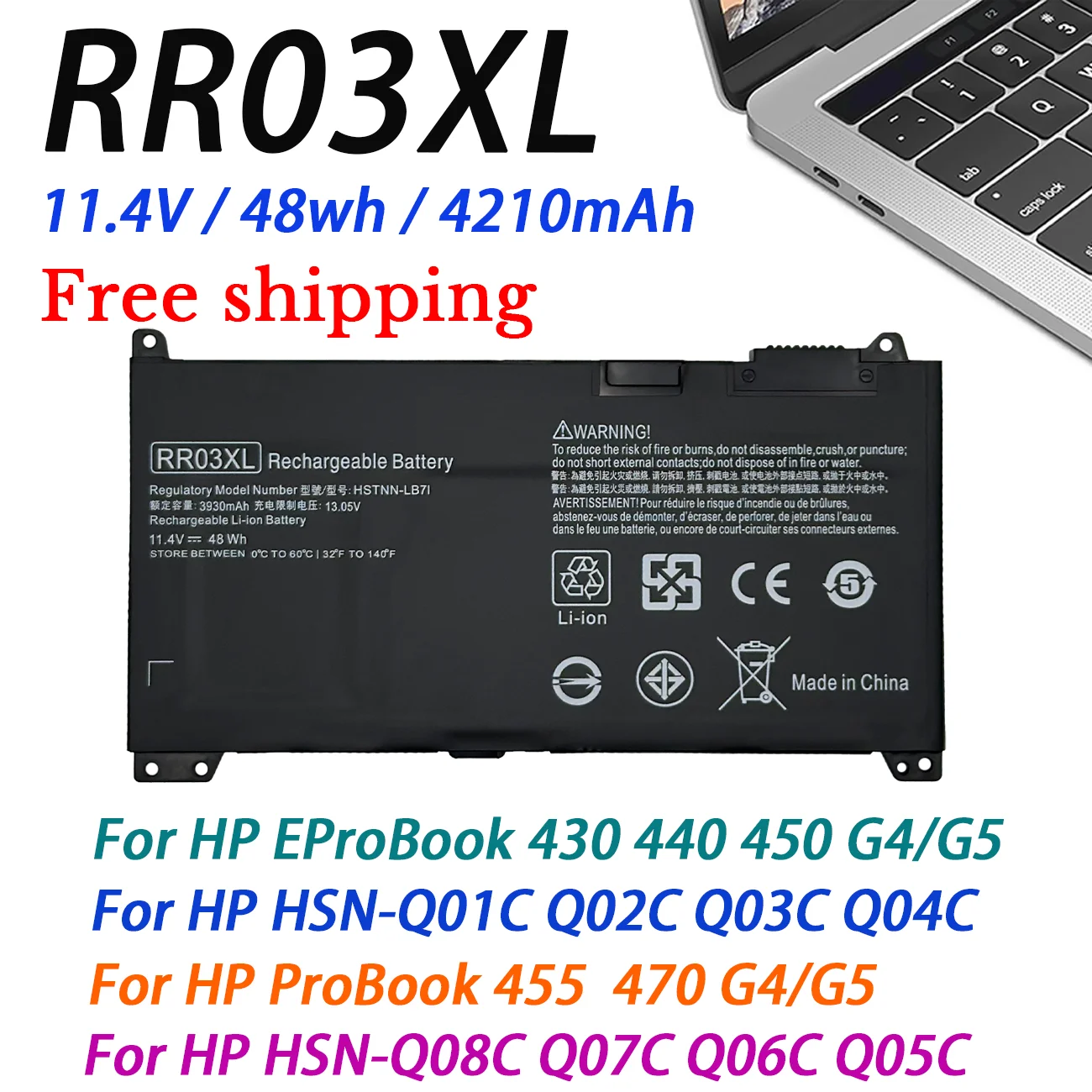 New RR03XL Laptop Battery For HP ProBook 440 450 430 455 470 G4 G5 ZHAN 66 Pro G1 HSTNN-PB6W HSTNN-UB7C HSTNN-LB71 HSN-Q01C