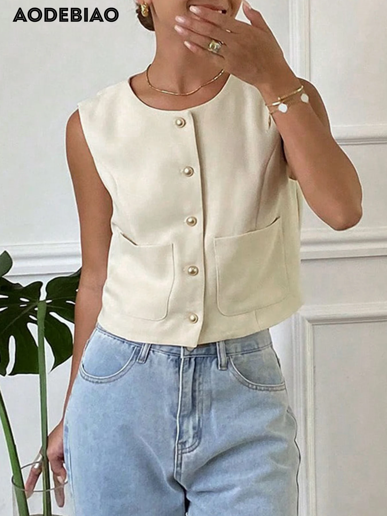 

AODEBIAO Summer New Women's Tank Sleeveless Solid O-Neck Fashion Buttons Cardigan Pockets Crop Top Sweet Y2K Casual Tank Female