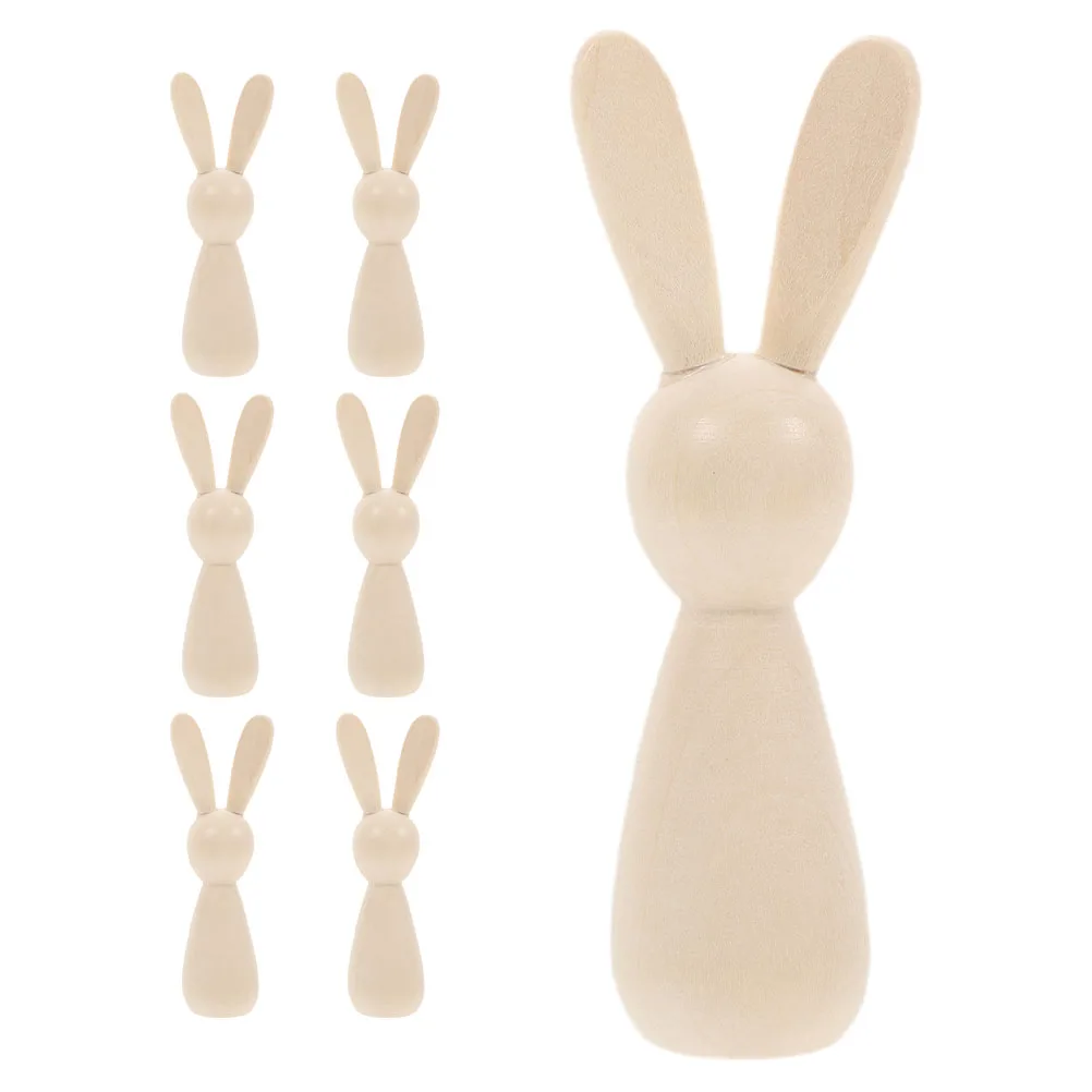 

7pcs Rabbit Head Wooden Figurines Unfinished Small Bunny Statues Handmade Peg Natural Wood Toy Decor Wooden Animal