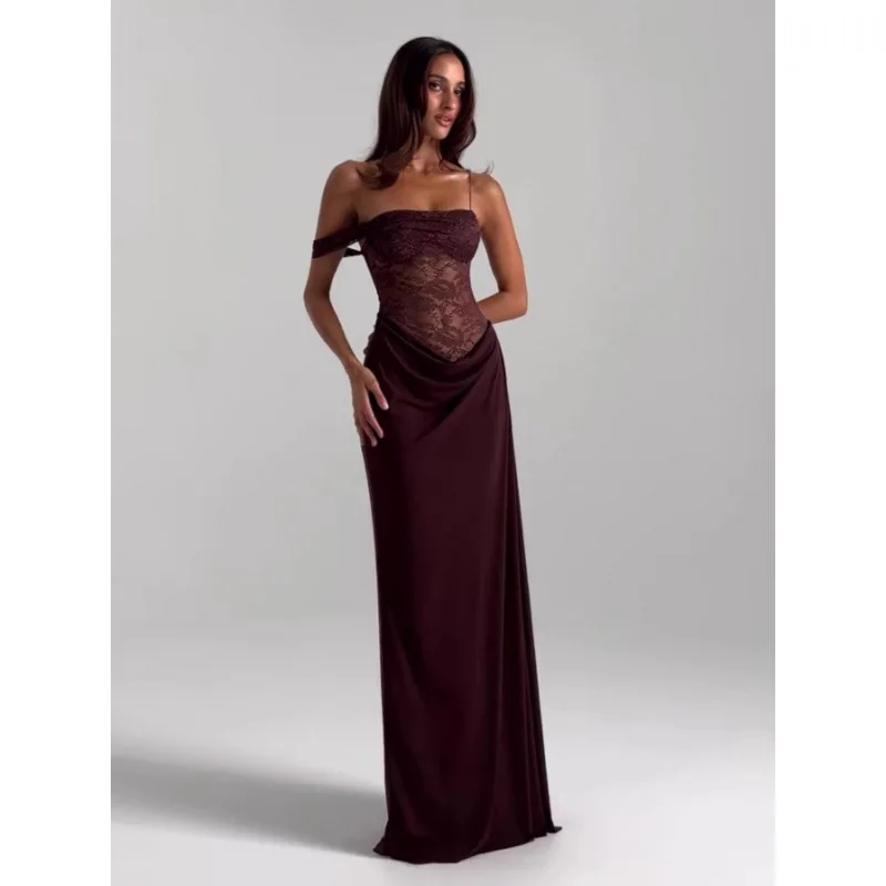 Nieuwe collectie off-the-shoulder kanten sensuele strapless jurk hoge taille uitgesneden lange lengte effen kleur jurk