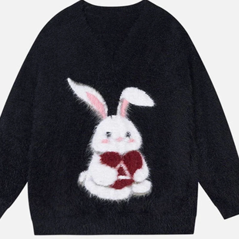 سترة محبوكة جديدة لخريف وشتاء 2025 على شكل أرنب لطيف كلاسيكي فضفاضة ومتعددة الاستخدامات برقبة دائرية   ﻿