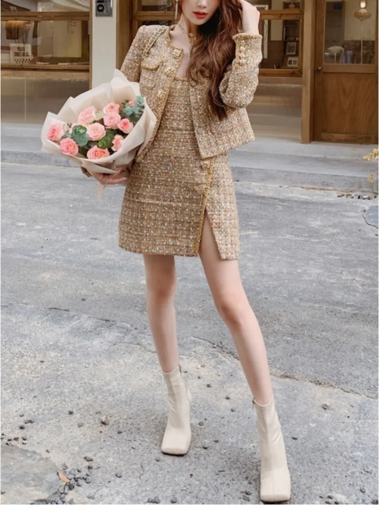 French Socialite Style Rough Tweed Luxury Diamond Studded Beads Sequin Suspender Slim Fitting Dress + Round Neck Cardigan Jacket