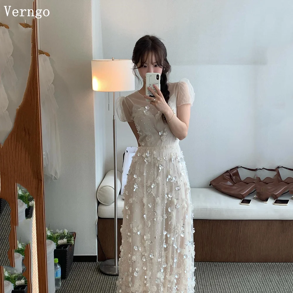 

Verngo Appliques A Line Wedding Dress O Neck Puff Short Sleeves Zipper Back Long Prom Bridal Dresses Elegant Korea Bride Gowns