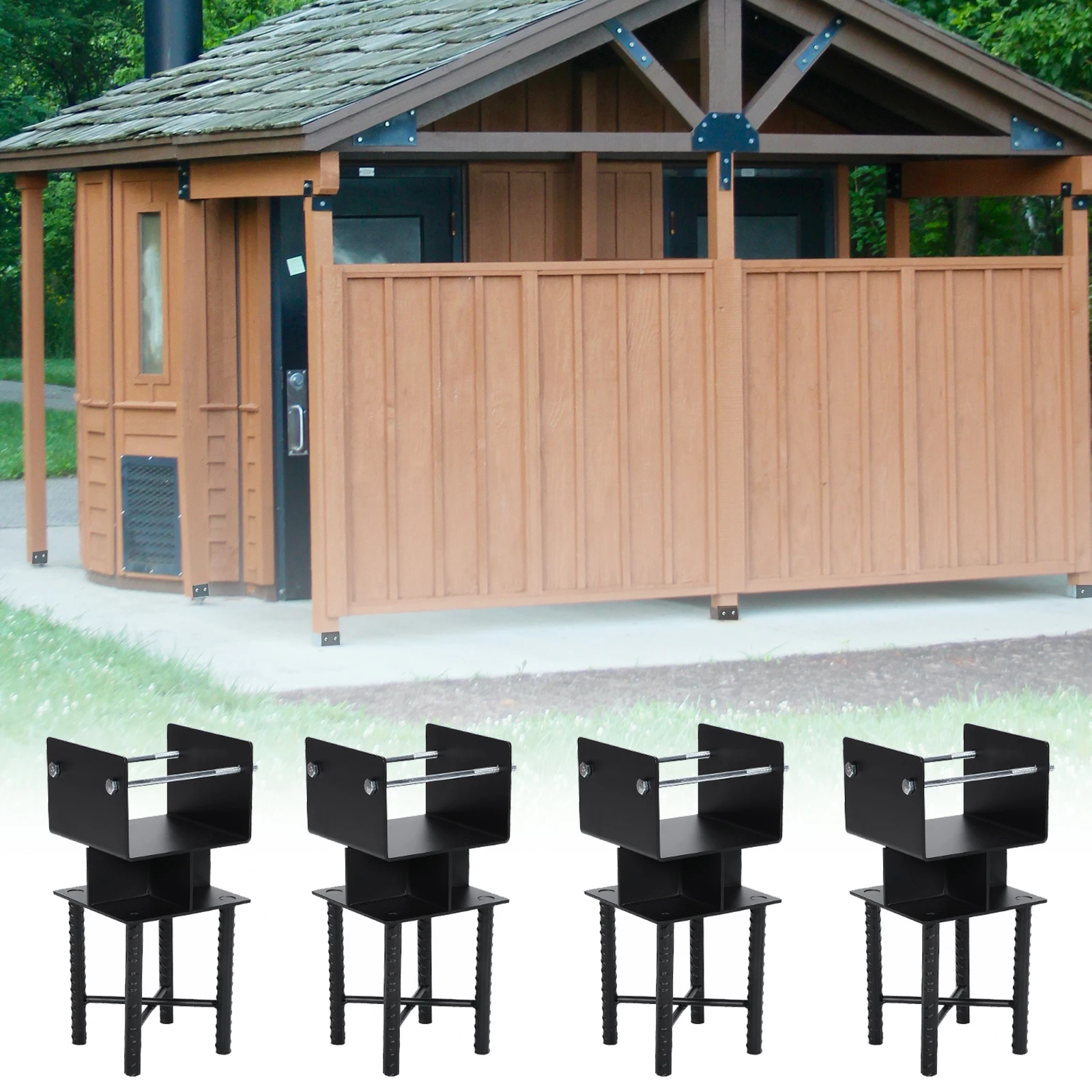 

4pcs Wet Concrete Fence Post Holder U-Shaped 6x6 Stainless Steel Deck Base Inner Size 5.5inx5.5in for Pavilion Railing Support