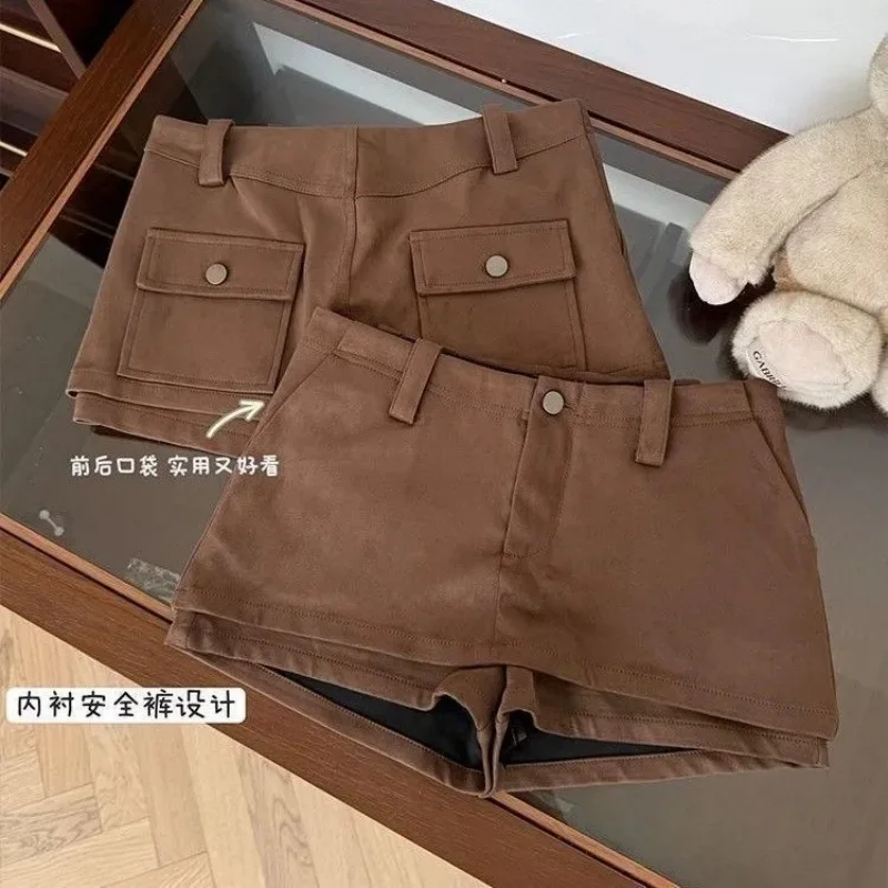 

Новая тонкая сексуальная мини-юбка женская мода с высокой талией и тонкими карманами, однотонные короткие замшевые юбки с запахом на бедрах Y2k Jupe Streetwear