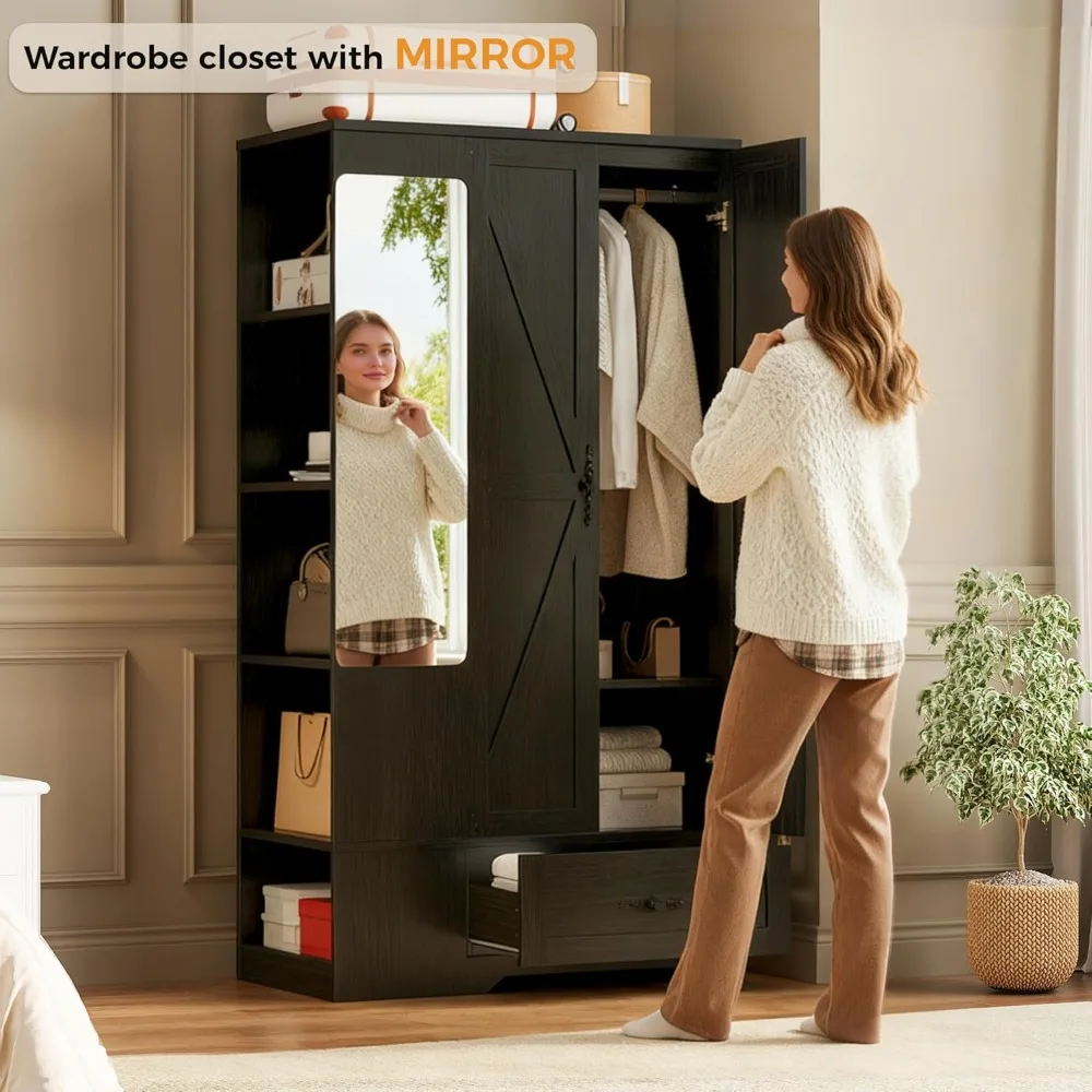 거울이 있는 옷장, 70cm 높이의 나무 침실용 옷장, 2개의 문, 5개의 선반, 후크 및 서랍 포함