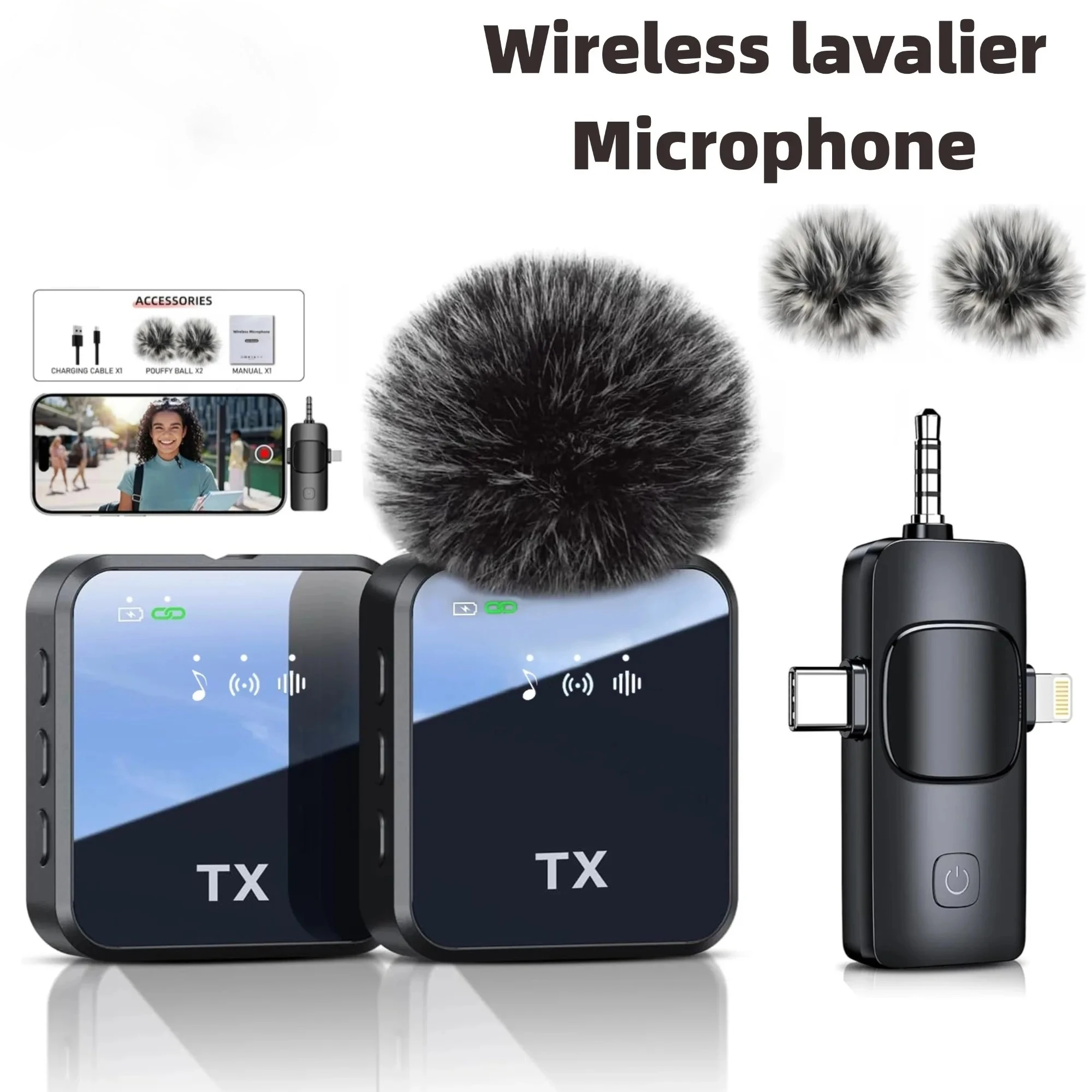 ワイヤレスラベリア、2-in-1マイク、モバイル録音、屋外ライブストリーミング、アクティブノイズキャンセリング、超長バッテリー寿命