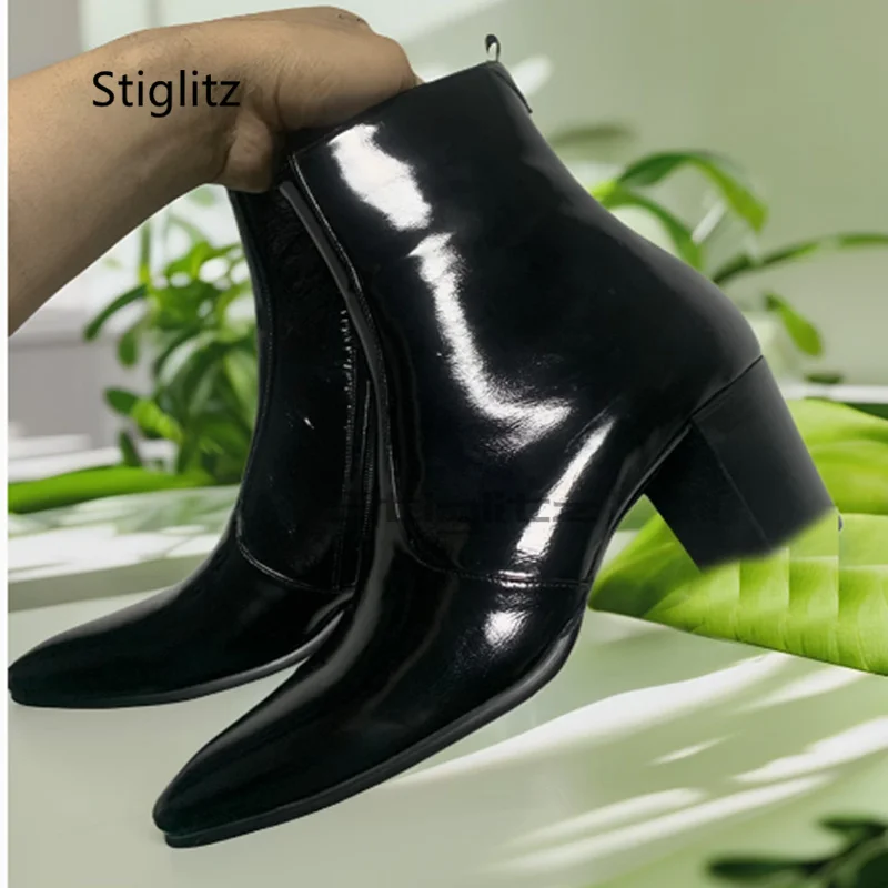 

British Black Patent Leather Chelsea Boots for Men High Heels Pointed Toe Zipper Short Boots Handmade Trendy Cowhide Dress Shoes