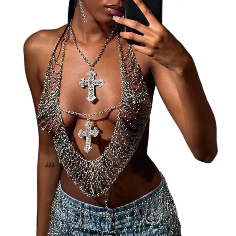 Fashionable Women's Crosses Charm Body Chain with Sparkling Rhinestones Halter Top for Beach Vacations or Music Event